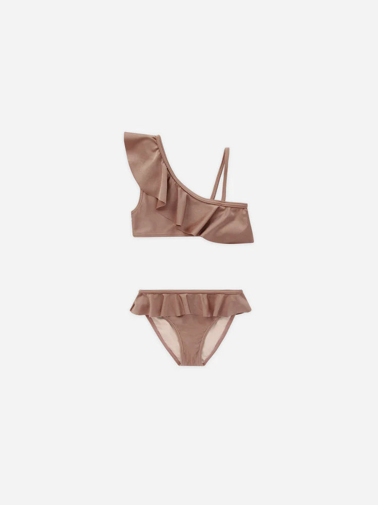 Mulberry Shimmer Ruffle Two Piece Swim Suit