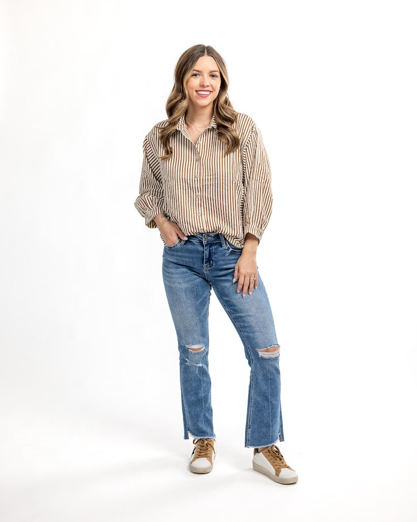 Mocha Striped Button Down Blouse