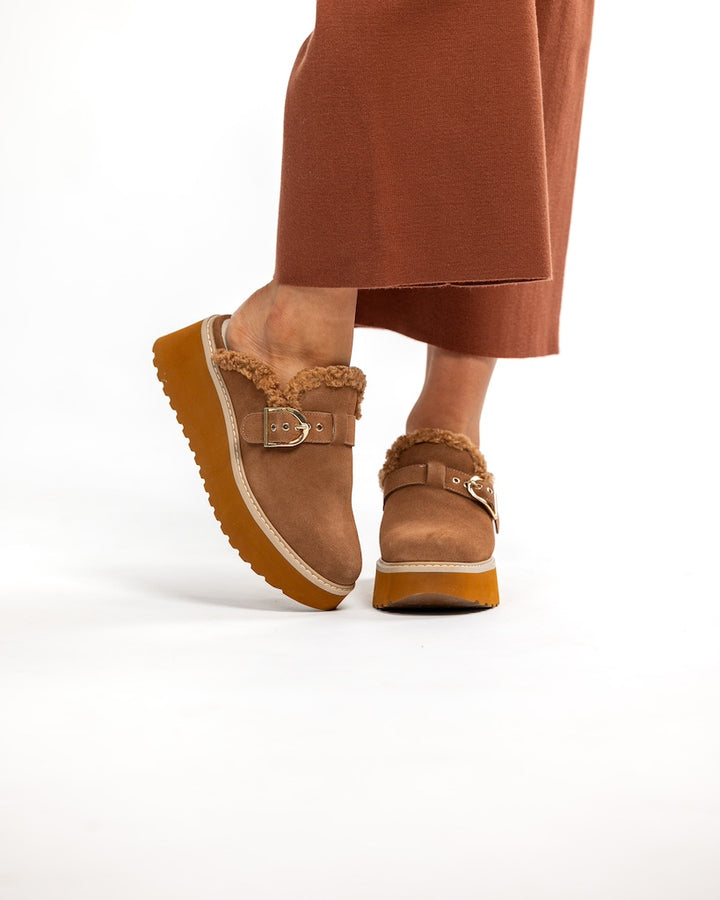 Pecan Plush Wedge Mules