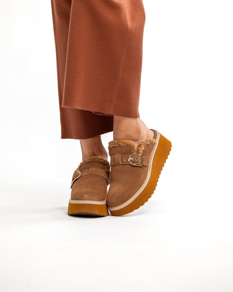 Pecan Plush Wedge Mules