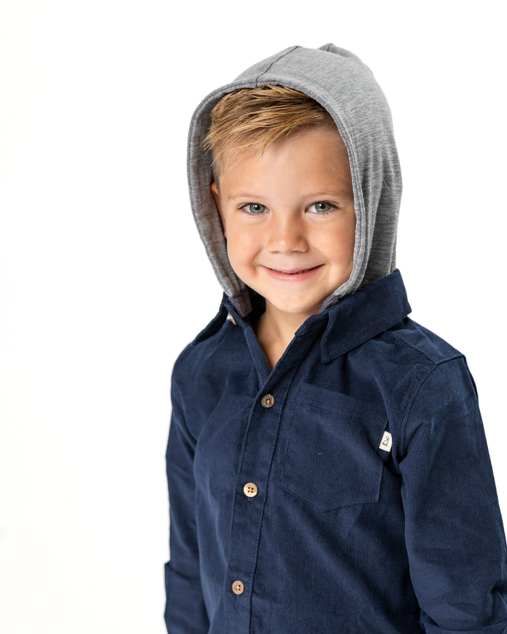 Navy Corded Hoodie Shirt