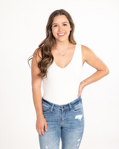 Ivory Ribbed Deep V-Neck Bodysuit